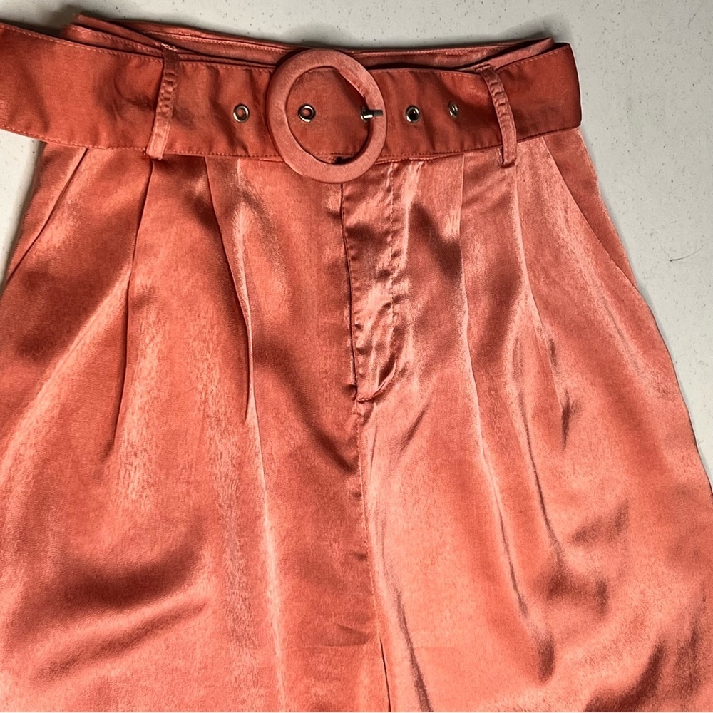 Vici Wide Leg Coral-Peach Silky Pants with Circular Buckle Belt - Picture 8 of 15